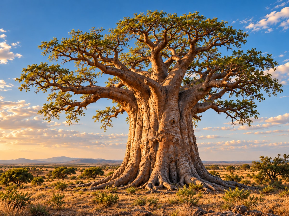 A baobab tree with a broad canopy, a thick trunk, and spreading roots in a sunlit savanna